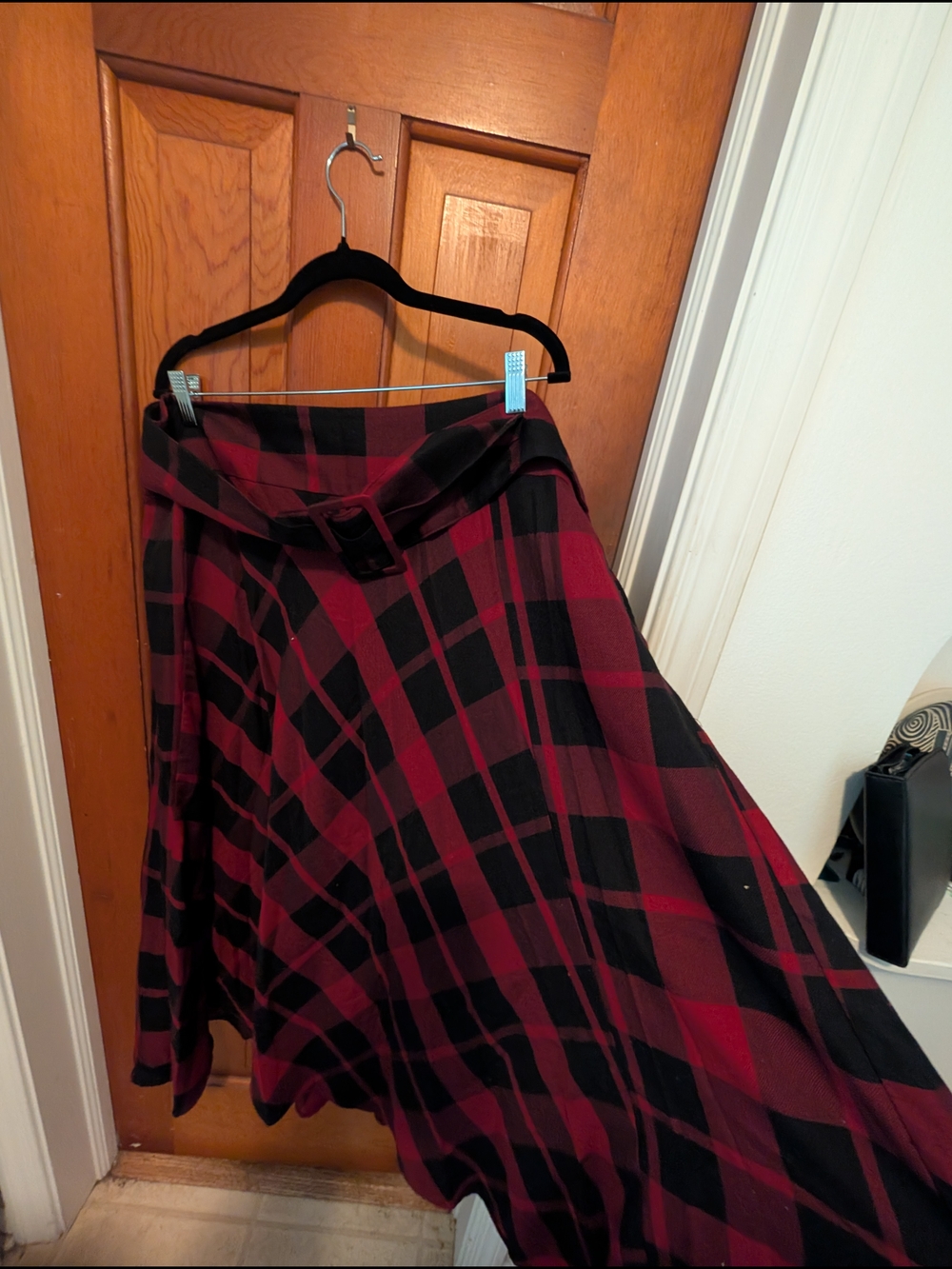 Ashley Stewart Red and Black Plaid Circle Skirt with Waist Belt